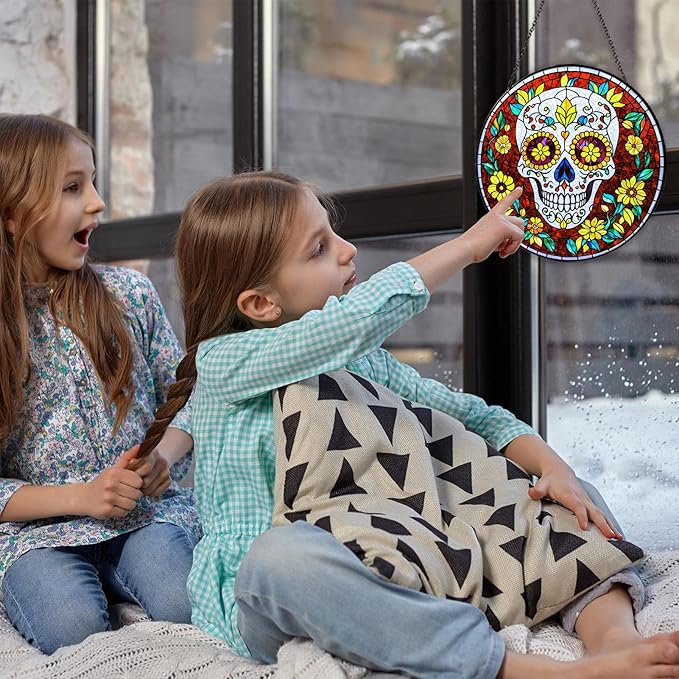 Dia De Los Muertos Sugar Skull Stained Glass Window Hanging Skull Sun Catcher Halloween Decor Halloween Home Decoration Suncatchers for Garden Home Windows Hanging, 7.87inch