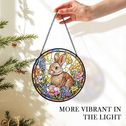 Spring Easter Bunny Rabbit Suncatcher Stained Glass Window Hanging Wall Decorations Decor, Easter Bunny Gifts for Women, Spring Floral Sun Catchers Garden Window Hanging Wall Art, 7.9x7.9Inch