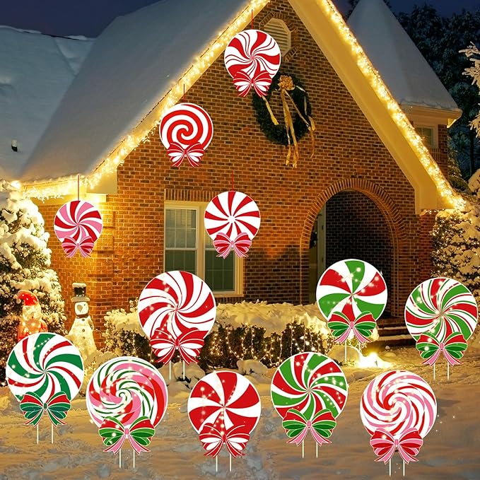 12 PCS Christmas Outdoor Yard Signs Candy Decorations Outdoor Peppermint LED Lights Xmas Yard Stakes Hanging Ornaments Holiday Garden Sign Cardboard Signs for Party Porch Lawn Walkway Decor