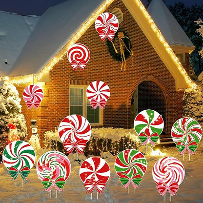 12 PCS Christmas Outdoor Yard Signs Candy Decorations Outdoor Peppermint LED Lights Xmas Yard Stakes Hanging Ornaments Holiday Garden Sign Cardboard Signs for Party Porch Lawn Walkway Decor