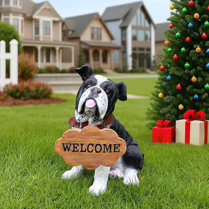 Outdoor English Bulldog Dog Statue with Interchangeable Welcome sign and Detachable Solar Lantern –LED Light Garden Dog Sculpture Décor Garden Statue Outdoor dog statue Cute Puppy Yard Porch Gift