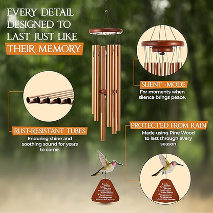 32 Inch Hummingbird Memorial Wind Chimes Outdoor, Sympathy Gifts for Loss of Loved One, Memorial Gifts for Loss of Mom, Sympathy Wind Chimes for Mother, Father, Brother, Sister