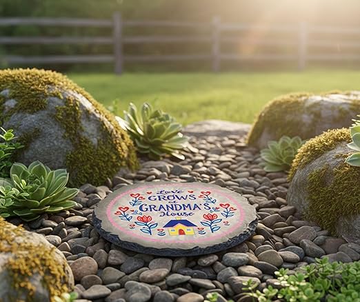 Magnolia Garden 10-Inch Love Grows at Grandma's House Decorative Stepping Stone – Heart & Floral Resin Garden Walkway Tile – Whimsical Colorful Outdoor Accent