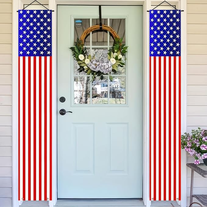 BlissYard 2Pcs Patriotic Decor Door Banner USA Independence American Flag Banners Hanging Porch Signs for Memorial Day Veterans Day Labor Days 4th of July Decorations for Yard Indoor Outdoor Supplies