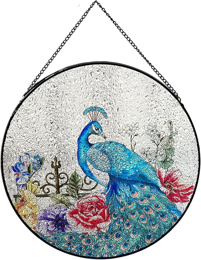Peacock Hanging Stained Glass for Windows,20cm/7.87inch Stained Glass Suncatcher Garden Hangings Christmas Mother's Day, Valentine's Day Ornaments Festival Gift (Style B)