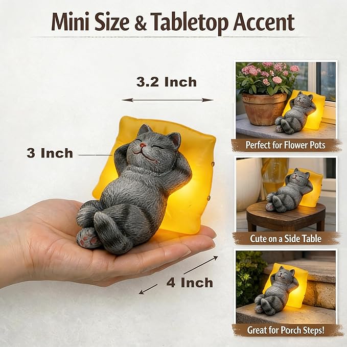Suyorpe Solar Cat Outdoor Statues Mini Garden Decor - Sleeping Kitten Figurine for Outside Yard Art Lawn Porch Patio Balcony Decorations,Birthday Choice for Mom Grandma Women Lover