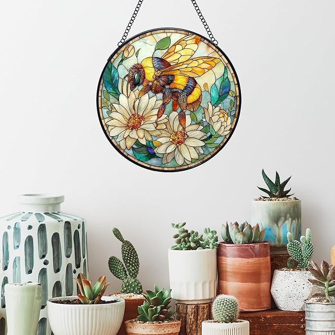 Vintage Bee Wildflowers Stained Glass Window Hanging Suncatchers, Honey Bee Sun Catchers Indoor Window Glass Wall Art Decor Sculptures, Daisy Garden Wall Hanging Decor Sculptures, 7.9x7.9in