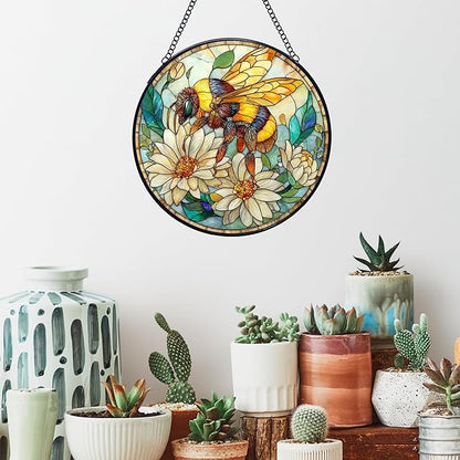 Vintage Bee Wildflowers Stained Glass Window Hanging Suncatchers, Honey Bee Sun Catchers Indoor Window Glass Wall Art Decor Sculptures, Daisy Garden Wall Hanging Decor Sculptures, 7.9x7.9in