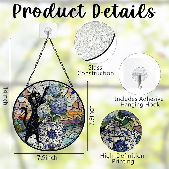 Chinoiserie Hydrangea Black Cat Stained Glass Window Hanging, Funny Cat Flower Suncatcher Indoor Window Glass Round Wall Art Decor, 7.9x7.9 Inch
