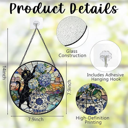 Chinoiserie Hydrangea Black Cat Stained Glass Window Hanging, Funny Cat Flower Suncatcher Indoor Window Glass Round Wall Art Decor, 7.9x7.9 Inch