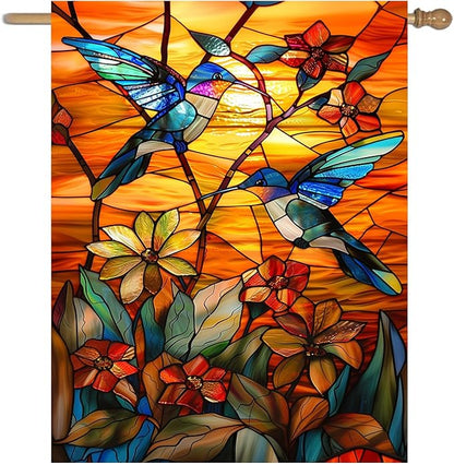 Stained Glass Hummingbird Garden Flag Spring Summer House Flag Fall Floral Decorative Yard Flags for Outside 28x40 Double Sided Large Seasonal Lawn Flags Rustic Outdoor Decor