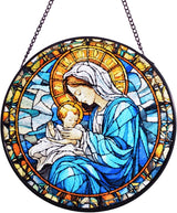 Virgin Mary and Baby Jesus Stained Glass Window Hanging, 8''/20CM Suncatchers for Windows Christian Decorative Hanging Ornaments Stained Glass for Chirstmas Suncatcher Window Panel Gift Home Decor