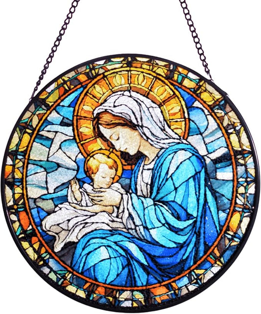 Virgin Mary and Baby Jesus Stained Glass Window Hanging, 8''/20CM Suncatchers for Windows Christian Decorative Hanging Ornaments Stained Glass for Chirstmas Suncatcher Window Panel Gift Home Decor