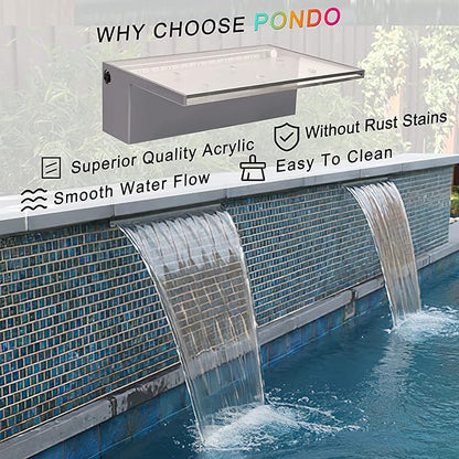 12'' APP Control Waterfall Spillway with RGB LED Lights, Acrylic Pond Fountain Set for Outdoor Decorations, Patio Pool Kit on The Wall for Garden w/16 Color Changing, Easy Installation