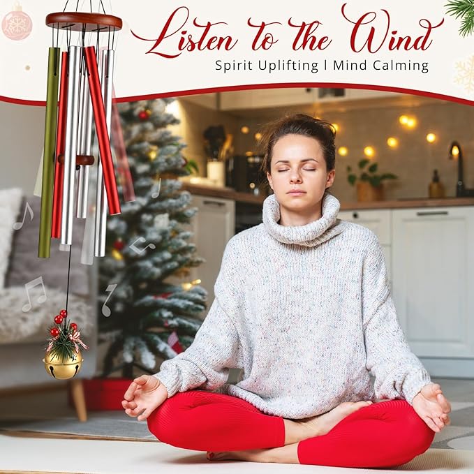 Roowest Christmas Large Aluminium Wind Chimes with Bell for Outdoor 37" Red Green and White Deep Tone Soothing Melodic Tones Wind Chimes for Outside Garden Patio Decor Gift for Mom Women Neighbors