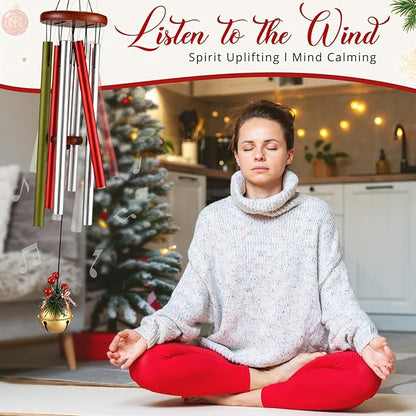 Roowest Christmas Large Aluminium Wind Chimes with Bell for Outdoor 37" Red Green and White Deep Tone Soothing Melodic Tones Wind Chimes for Outside Garden Patio Decor Gift for Mom Women Neighbors