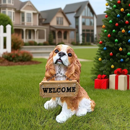 Cavalier King Charles Spaniel Dog Garden Statue with Solar Lantern, Lifelike Outdoor Puppy Sculpture with Interchangeable Welcome & On Patrol Sign, Resin Yard Art Decor for Patio Lawn Porch