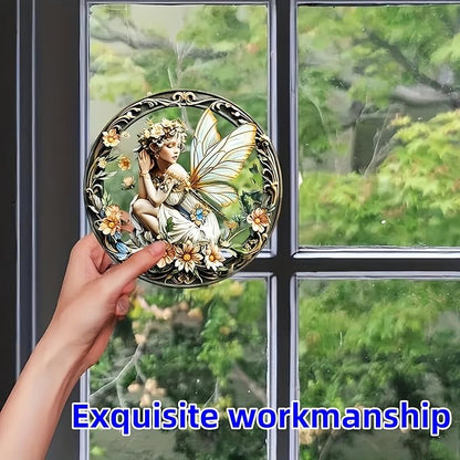 Flower Fairy Garden Decorations Angel Wing Christmas Halloween Deco Statue Art Elf Sculpture Hanging Craft for Outdoor Yard Courtyard Lawn Patio Window Acrylic Ornament Home Gift (A,S: 6*6 IN)