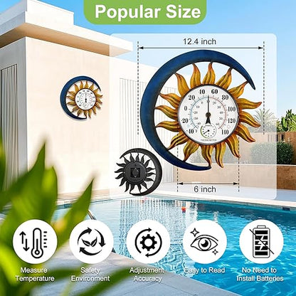 pealstar Outdoor Thermometer with Hygrometer Waterproof Large Wall Thermometer Decorative Metal Sun-Moon Outdoor Thermometers for Patio Garden Yard Living Room Decor