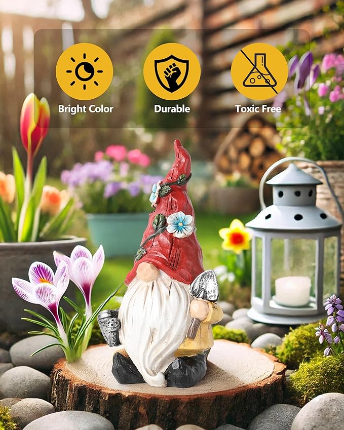 GoGnome Hand-Painted Resin Garden Gnome with Watering can and Shovel Figurine - 6.5" Summer and Spring Decorations for Home and Yard - Ideal Gnome Gifts for Women (Red)