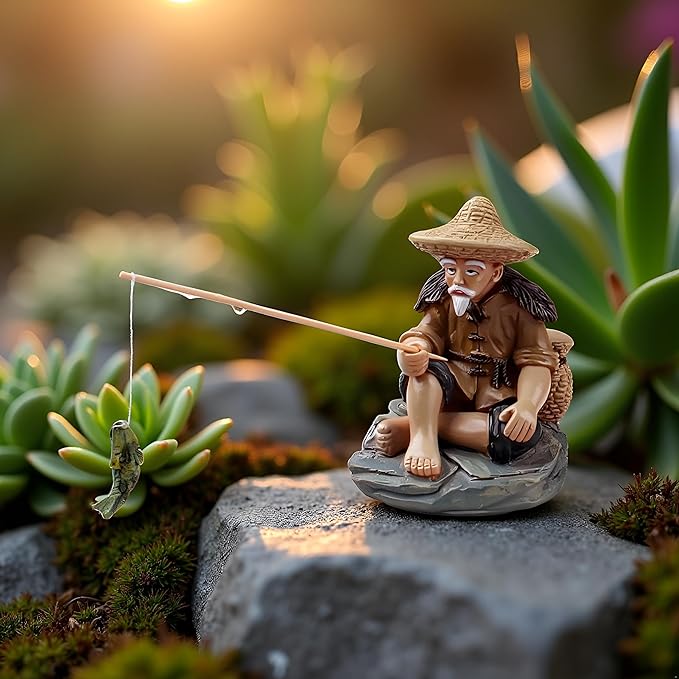 Mini Fisherman Figurines Resin Sitting Fishing Men, Garden Statue Ornament Fish Tank Micro Landscape Decor Garden Sculptures and Statues, Decorations