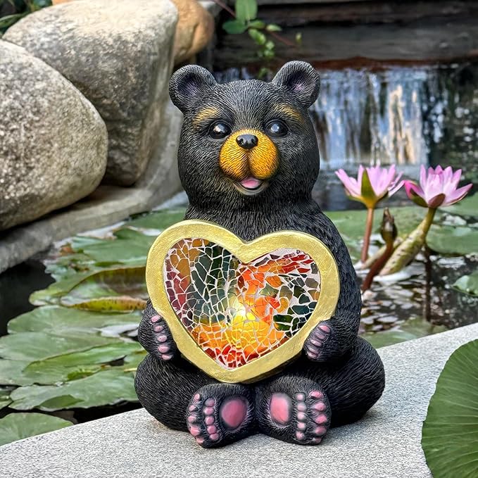 Solar Garden Sculpture: Unique Resin Black Bear Holding a Heart Outdoor Mosaic Solar Light Ideal for Gardens, patios, and courtyards Gift or Decorative piece-Black