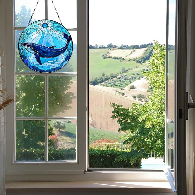 Whale Stained Glass Sun Catcher Window Hanging Whale Lovers Gifts for Women Handmade SunCatcher Decoration for Home Decor Gifts for Ocean Lover Sea Life Decor Beach 7.87inch