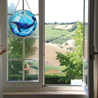 Whale Stained Glass Sun Catcher Window Hanging Whale Lovers Gifts for Women Handmade SunCatcher Decoration for Home Decor Gifts for Ocean Lover Sea Life Decor Beach 7.87inch