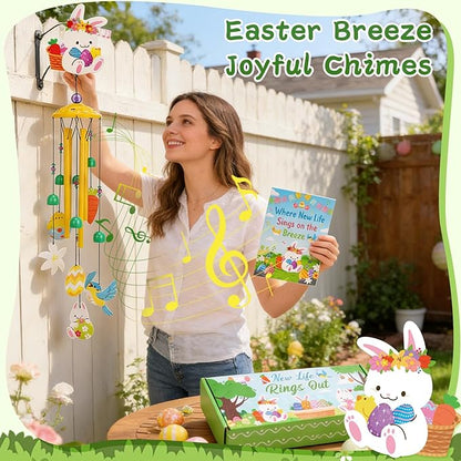Spring Summer Wind Chimes for Outside, Bunny Floral Pattern Metal Wind Chime with Gift Box, Ideal for Porch Garden Patio Decor