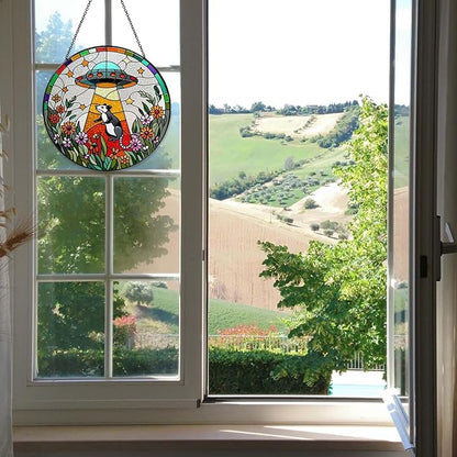 Opossum Wildflowers Sun Catcher Stained Glass Window Hanging for Women Funny Gifts for Window Hanging Handmade Sun Catcher Decoration for Garden Home, 7.87inch