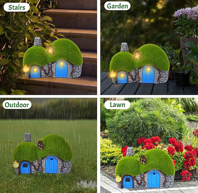 Gift Boutique Outdoor Garden House Statue with LED Lights Fairy Garden Decor Resin Cottage Figurine Yard Lawn Porch Pathway Ornament Outdoor Figurines