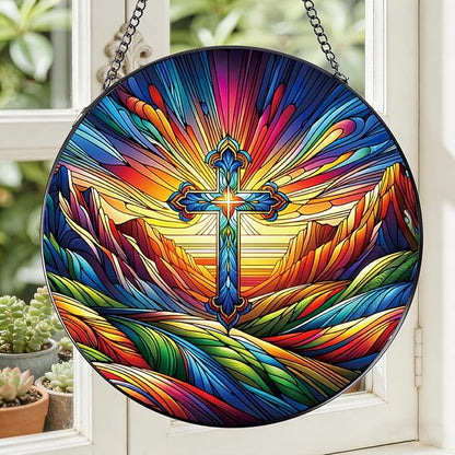 Rngmsi Stained Glass Window Hanging, 7.8″ Cross Sun Catchers with Hook Indoor Window Decor, Decorative Suncatchers Hanging Ornaments Home Garden Art Gift for Housewarming