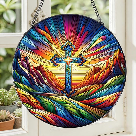 Rngmsi Stained Glass Window Hanging, 7.8″ Cross Sun Catchers with Hook Indoor Window Decor, Decorative Suncatchers Hanging Ornaments Home Garden Art Gift for Housewarming