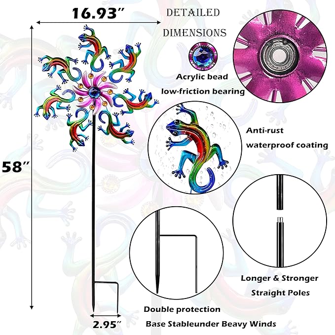 58" Metal Lizard Wind Spinner with Larger Garden Stake, Windmill,Wind Sculptures for Yard and Garden Lawn Patio Decor(Blue)