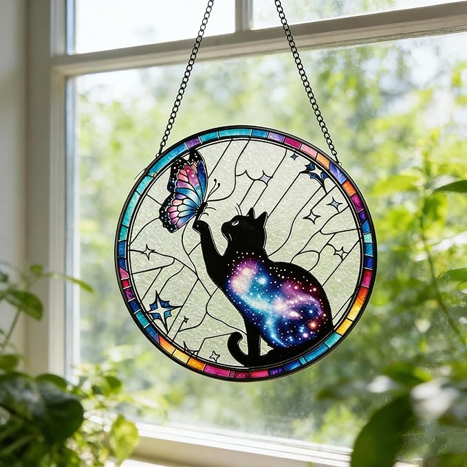 Stained Glass Sun Catcher,Cat and Butterfly Glass Window Hanging Garden Decor,Sun Catchers Indoor Window,Whimsical Decoration for Home Backyard Patio Lawn Porch with 7.9 INCH