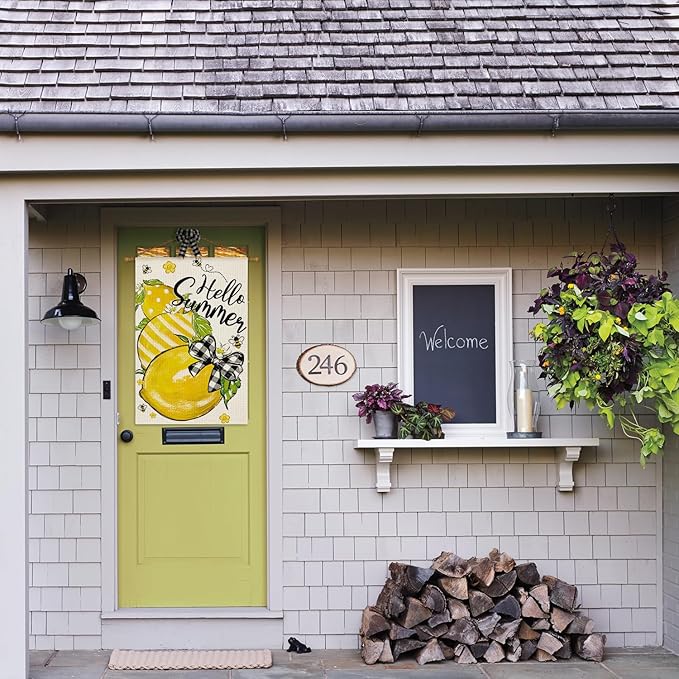 AVOIN colorlife Hello Summer House Flag 28x40 Inch Double Sided Outside, Lemon Bee Rustic Seasonal Yard Outdoor Flag