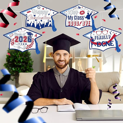Chunful 12 Pack Graduation Yard Signs Grad Decoration 2026 Happy Graduate Lawn Garden Sign with Stake Congrats Outdoor Plastic Cap Hanging Ornament for Class Pathway Walkway Porch Party(Red Blue)