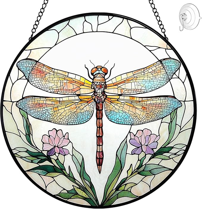 Dragonfly Stained Glass Suncatcher Window Hanging - 8” Dragonfly Flower Suncatchers for Windows Hanging - Handmade Sun Catchers Indoor Wall Decor Glass Panel Ornament Mothers Day for Mom Grandma Gift