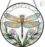 Dragonfly Stained Glass Suncatcher Window Hanging - 8” Dragonfly Flower Suncatchers for Windows Hanging - Handmade Sun Catchers Indoor Wall Decor Glass Panel Ornament Mothers Day for Mom Grandma Gift