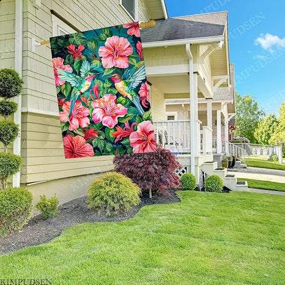 Spring Summer House Flag 28 x 40 Inch Double Sided, Colorful Hummingbird Floral Garden Flag Large Outdoor Seasonal Flags for Garden Patio Lawn Decor