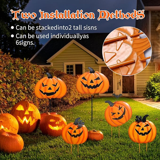 2 Pack Halloween/Thanksgiving Garden Stakes, Outdoor Party Décor Stacked Metal Pumpkins Jack-o-Lantern Lawn Decor, Yard Signs Stake Outdoor Decorative Pumpkin Home Lawn Pathway Driveway Decorations