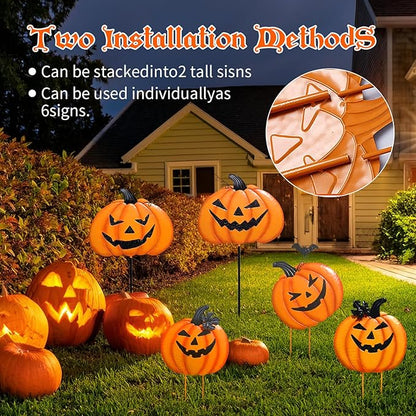 2 Pack Halloween/Thanksgiving Garden Stakes, Outdoor Party Décor Stacked Metal Pumpkins Jack-o-Lantern Lawn Decor, Yard Signs Stake Outdoor Decorative Pumpkin Home Lawn Pathway Driveway Decorations