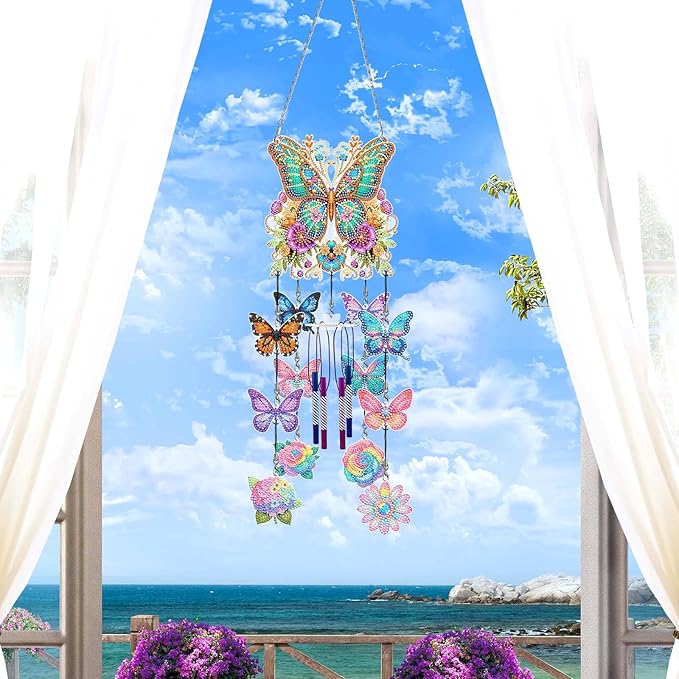 DIY Wind Chime Pendant Spring 3D Diamond Art Painting Hanging Ornament Double Sided Diamond Suncatchers for Window Home Backyard Garden Wall Door Decor (Butterfly04)