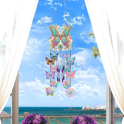 DIY Wind Chime Pendant Spring 3D Diamond Art Painting Hanging Ornament Double Sided Diamond Suncatchers for Window Home Backyard Garden Wall Door Decor (Butterfly04)