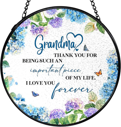 Grandma Gifts Suncatchers Stained Glass Window Hanging, Grandma Gifts for Mother's Day from Grandkids Sun Catchers Indoor Window, Grandmother Gift, 7.9x7.9in
