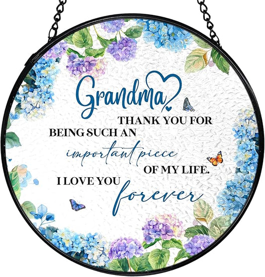 Grandma Gifts Suncatchers Stained Glass Window Hanging, Grandma Gifts for Mother's Day from Grandkids Sun Catchers Indoor Window, Grandmother Gift, 7.9x7.9in