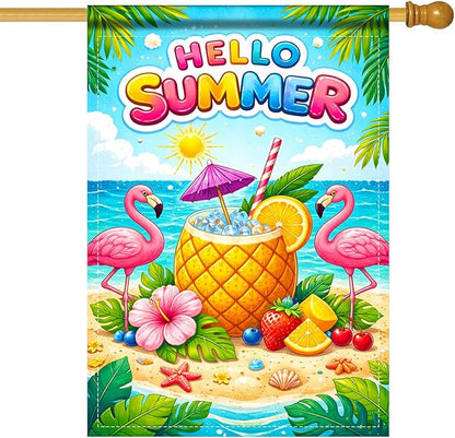 Nuxovilar Large Summer Garden Flag Hello Summer Flamingo Pineapple Beach Pattern Polyester 28×40 Inches Garden Flags for Outside Tropical Decor Yard Porch Seaside