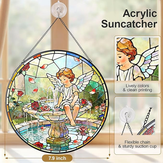 7.9 Inch Angel and Fountain Stained Glass Sun Catcher Christian Stained Glass Window Hanging Religious Sun Catcher Gifts for Mother Wall Room Decor Cottage Core Decor Decorations