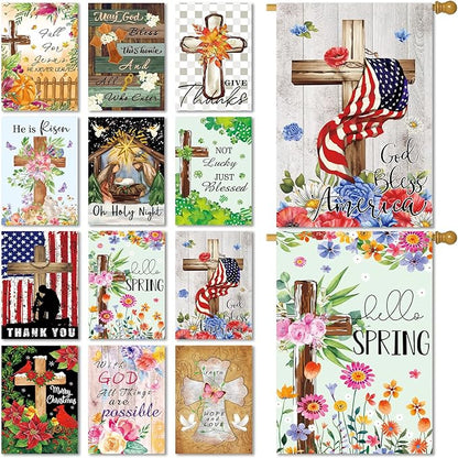 Christian Seasonal Garden Flags Set of 12 Double Sided 28 x 40 Inch Cross Yard Flags, Large Flags for Outside, Fall Winter Easter Christmas Outdoor Flags, Holiday House Flags for All Seasons