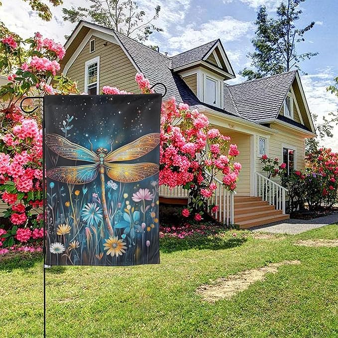 Watercolor Dragonfly and Floral Garden Flags 12×18 Inch Double Sided Decorative Yard Banner Seasonal Flag for Outdoor Outside Decor